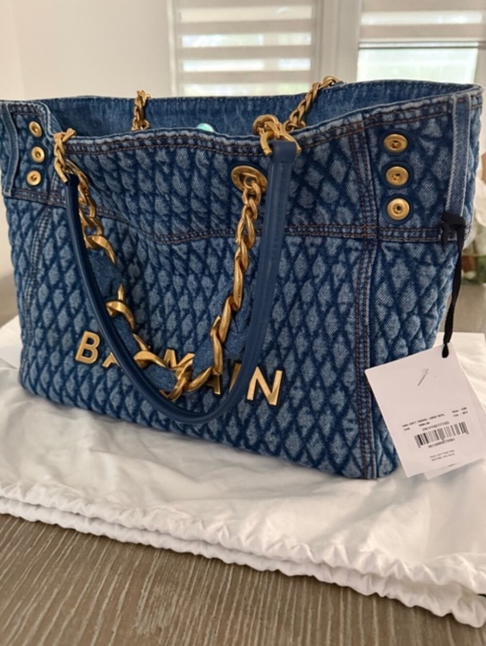 Blue Quilted Balmain Denim Tote Bag with Gold Chain Accents